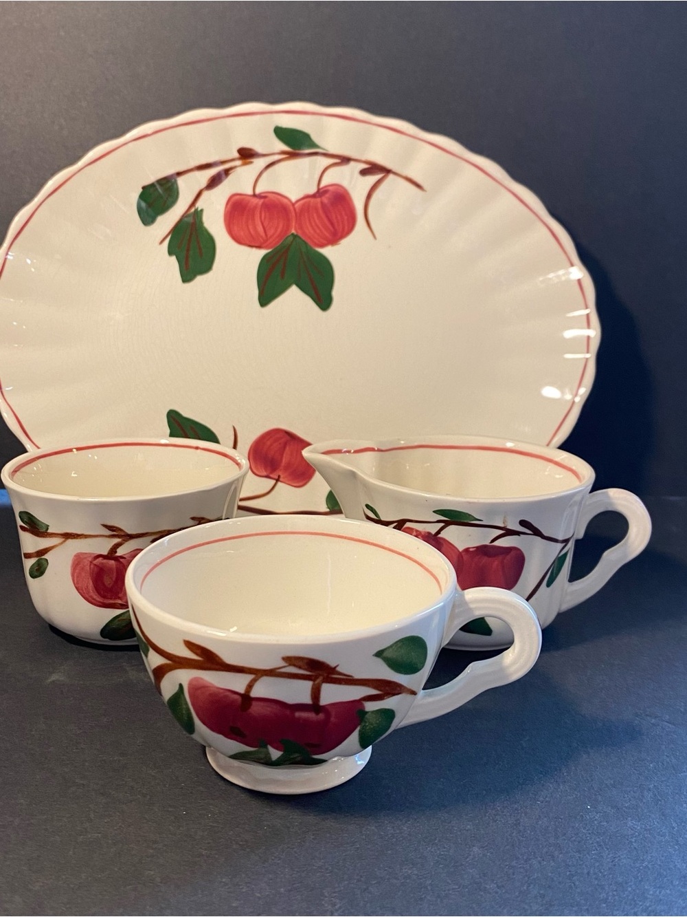 Hobbyist Hand-Painted Cherries Ceramic Tea Set Platter, Sugar, Creamer, 1 Teacup